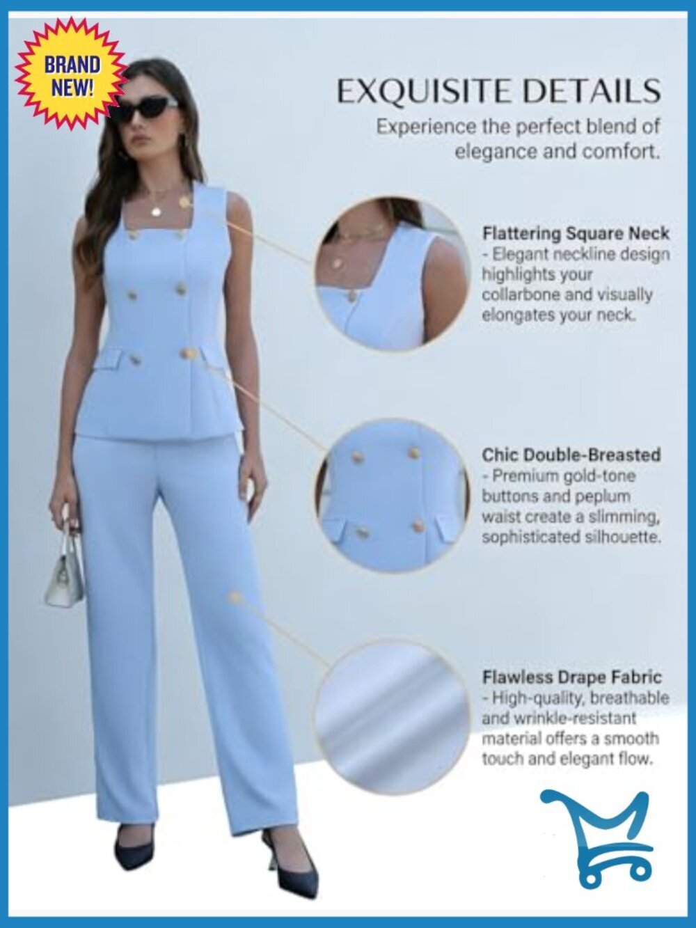 2 Piece Blazer Vest & Pants Suit Set Square Neck Sleeveless High Waist Business - Picture 5 of 7